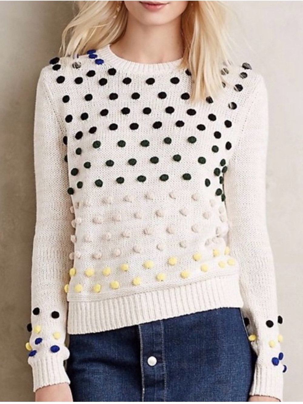 ANTHROPOLOGIE MOTH Candy Dot Pom Pom Sweater Size Small